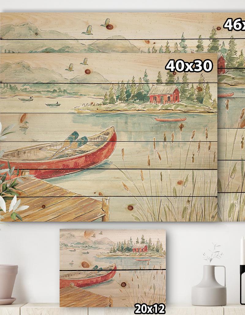 DesignQ Lake House Canoes I - Lake House Print On Natural Pine Wood