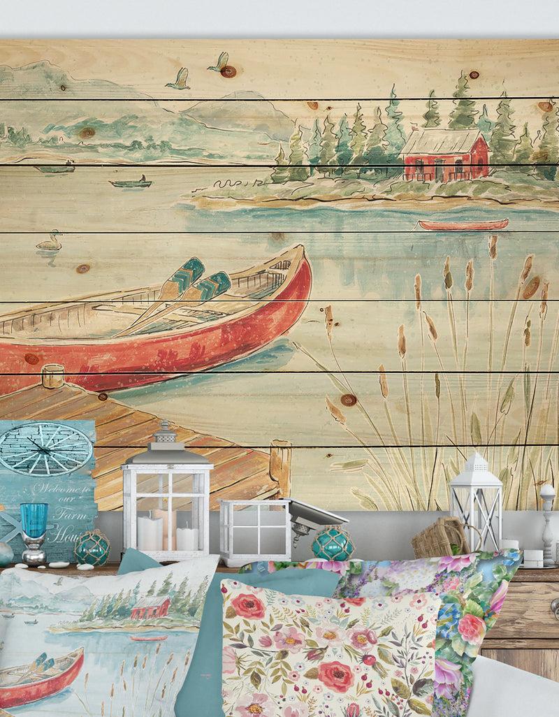 DesignQ Lake House Canoes I - Lake House Print on Natural Pine Wood