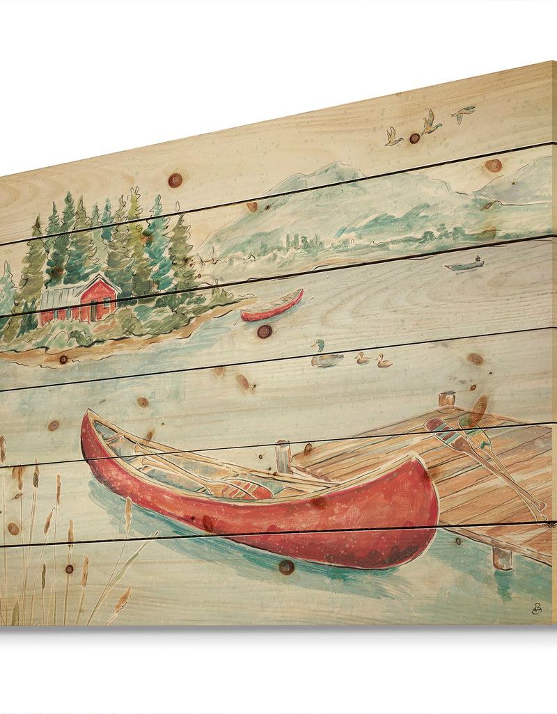DesignQ Lake House Canoes II - Lake House Print On Natural Pine Wood