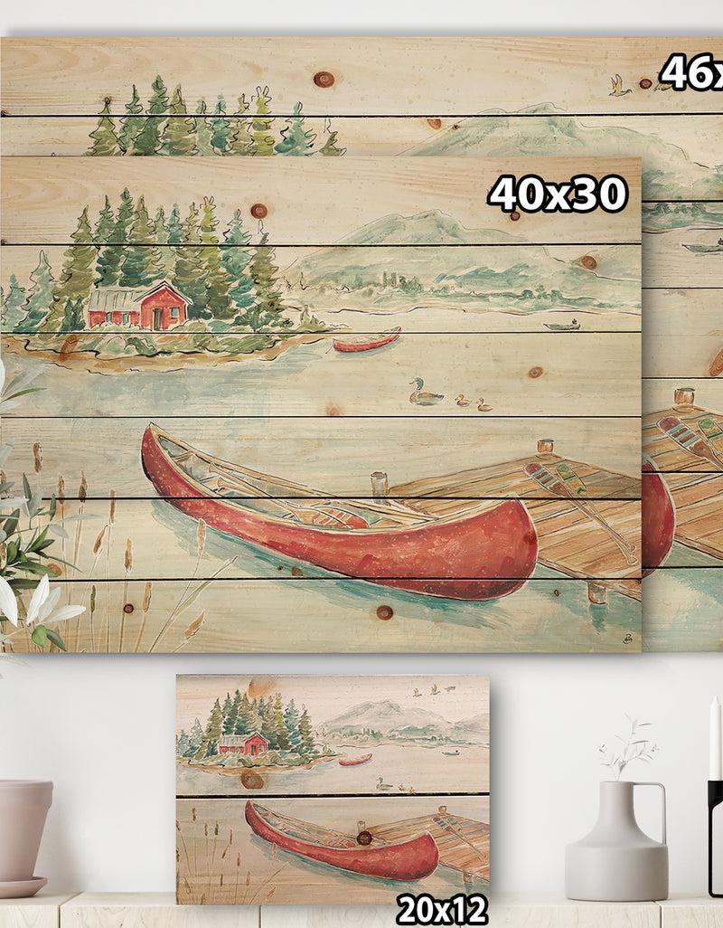 DesignQ Lake House Canoes II - Lake House Print On Natural Pine Wood