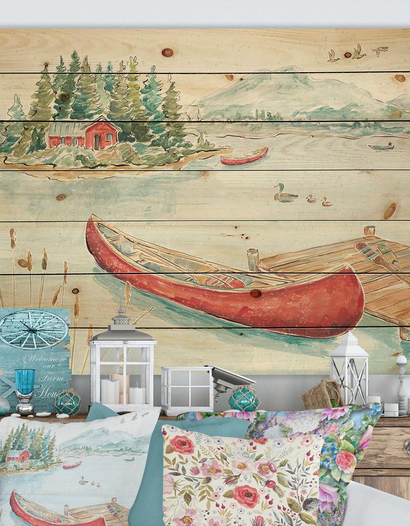 DesignQ Lake House Canoes II - Lake House Print on Natural Pine Wood
