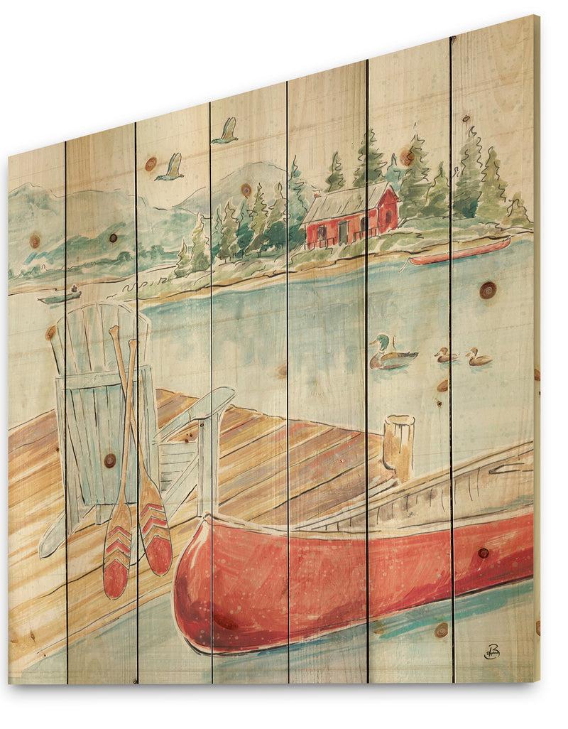 DesignQ Lake House Canoes III - Lake House Print On Natural Pine Wood