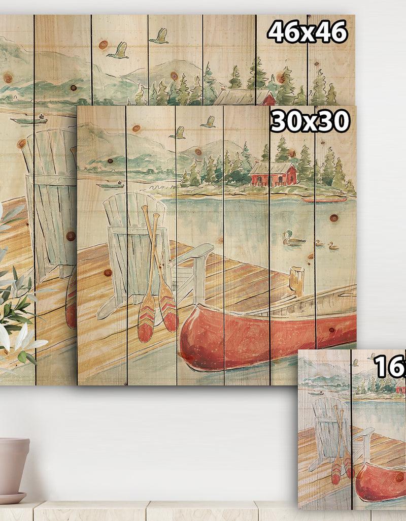 DesignQ Lake House Canoes III - Lake House Print On Natural Pine Wood