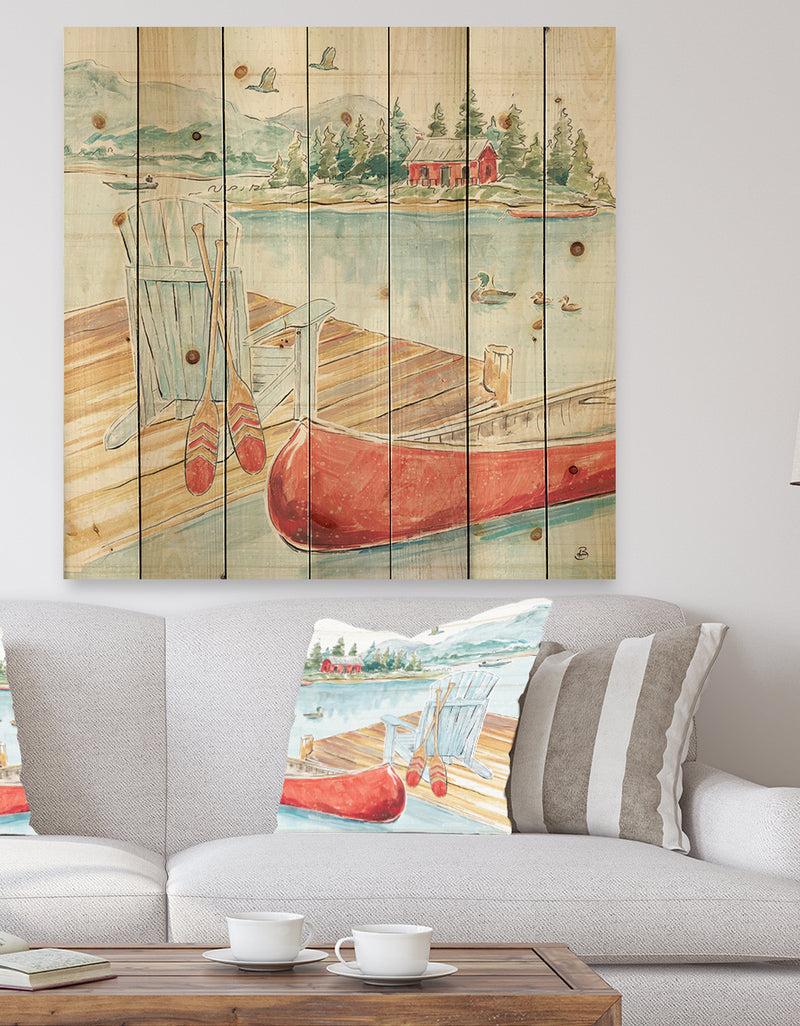 DesignQ Lake House Canoes III - Lake House Print on Natural Pine Wood