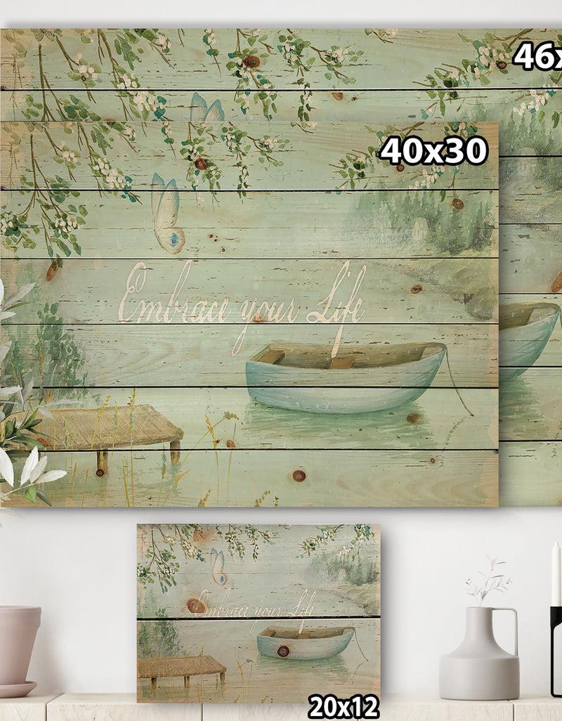 DesignQ Lake House Canoes IV - Lake House Print On Natural Pine Wood