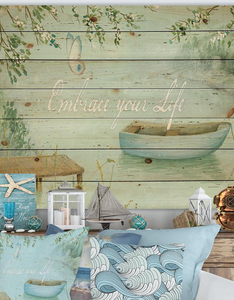 DesignQ Lake House Canoes IV - Lake House Print on Natural Pine Wood