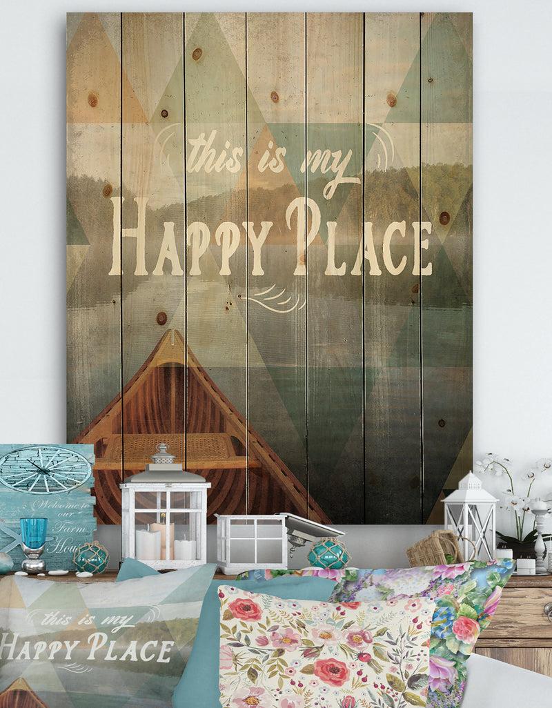 DesignQ Lake House Happy Quote - Cottage Print on Natural Pine Wood