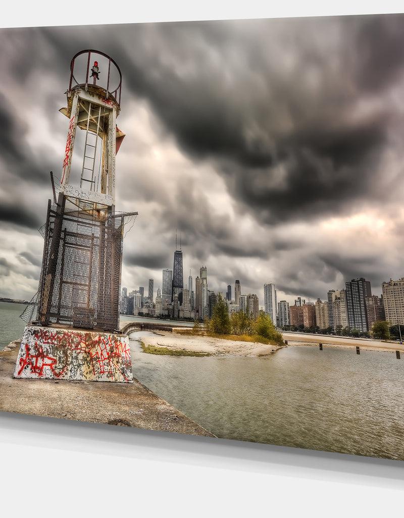 DesignQ Lake Michigan Navigation Light - Cityscape Canvas Print