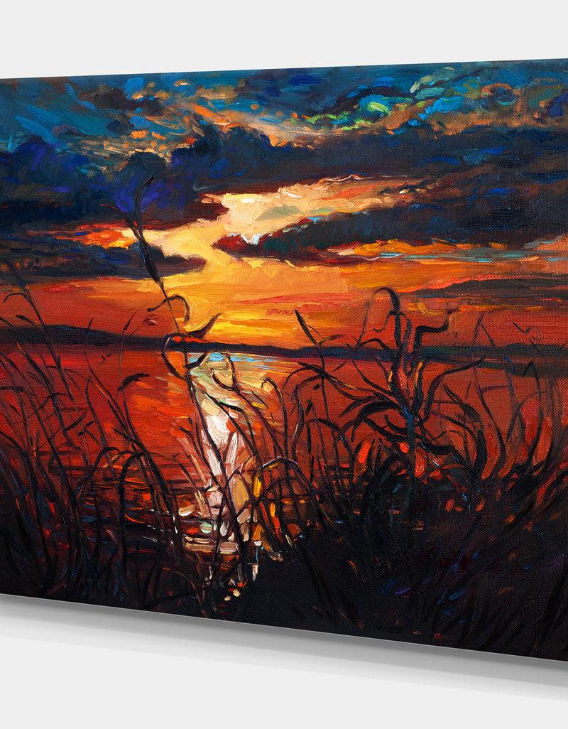DesignQ Lake On Sunset - Landscapes Painting Print On Wrapped Canvas