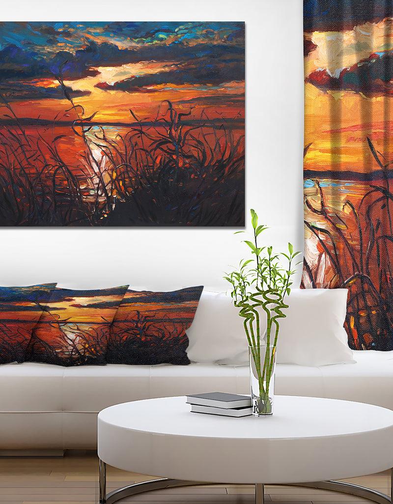 DesignQ Lake on sunset - Landscapes Painting Print on Wrapped Canvas
