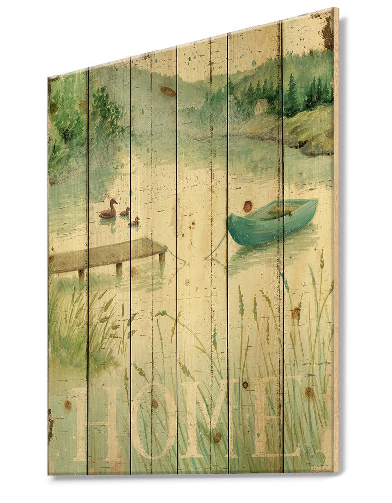 DesignQ Lakeside Boats Welcome Home - Lake House Print On Natural Pine Wood