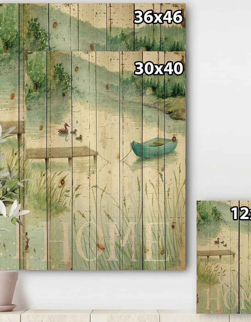 DesignQ Lakeside Boats Welcome Home - Lake House Print On Natural Pine Wood