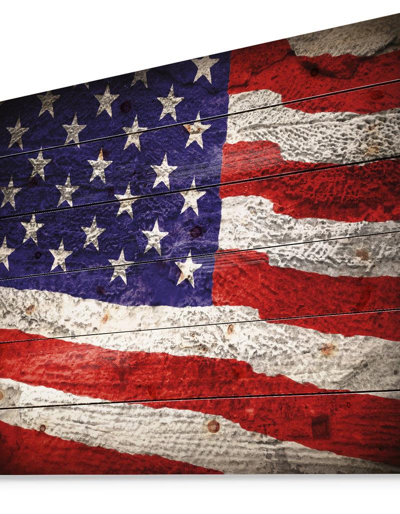 DesignQ Large American Flag Watercolor - Patriot Print On Natural Pine Wood