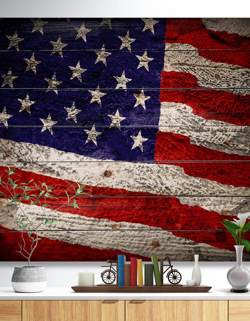 DesignQ Large American Flag Watercolor - Patriot Print on Natural Pine Wood