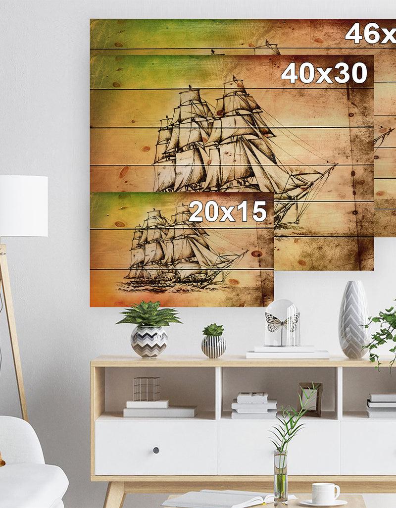 DesignQ Large Ancient Moving Boat - Seashore Print On Natural Pine Wood