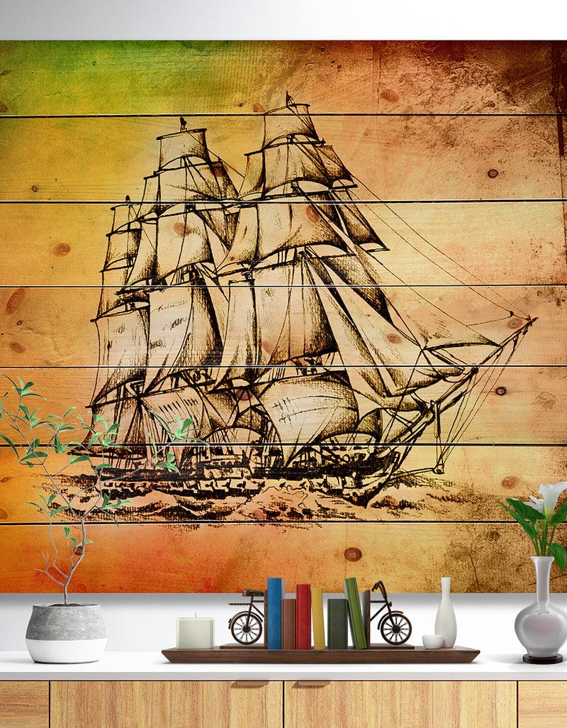 DesignQ Large Ancient Moving Boat - Seashore Print on Natural Pine Wood