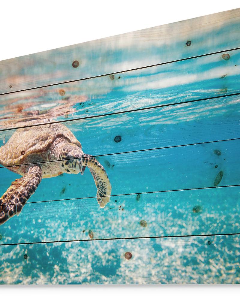 DesignQ Large Hawksbill Sea Turtle - Abstract Print On Natural Pine Wood