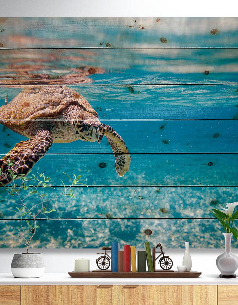 DesignQ Large Hawksbill Sea Turtle - Abstract Print on Natural Pine Wood
