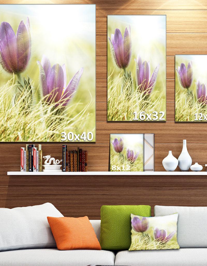 DesignQ Large Purple Flowers In Green Grass - Modern Flower Canvas Art Print