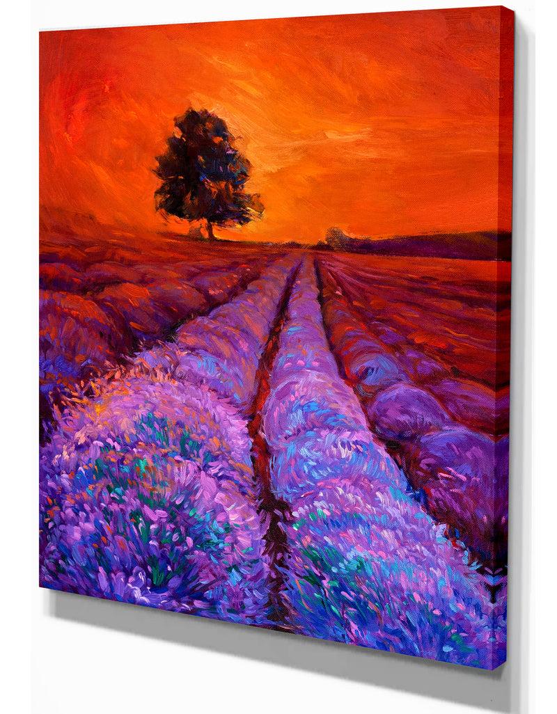 DesignQ Lavender Field In Golden Sunset - Floral Painting Print On Wrapped Canvas