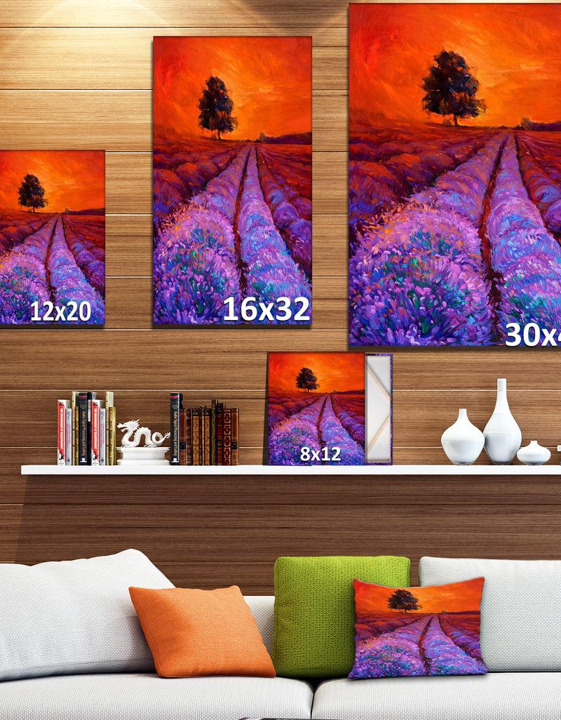 DesignQ Lavender Field In Golden Sunset - Floral Painting Print On Wrapped Canvas