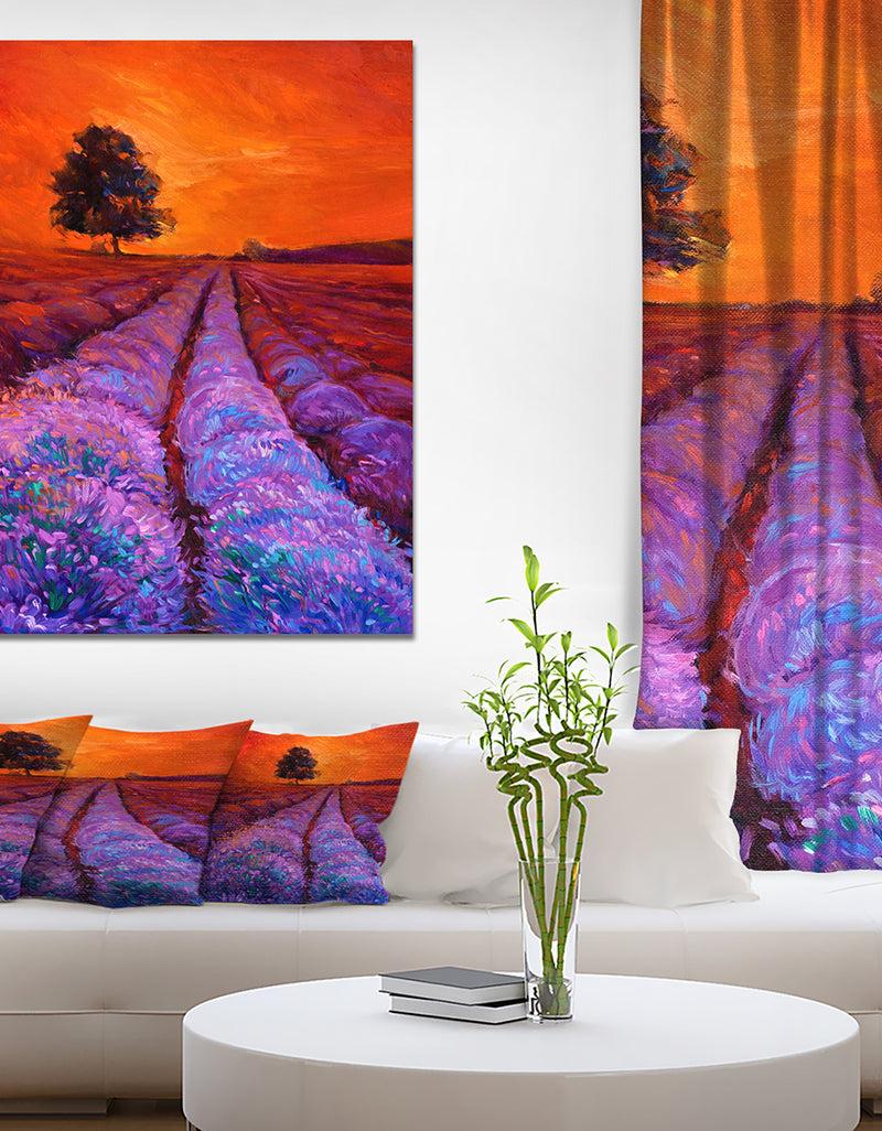 DesignQ Lavender Field in Golden Sunset - Floral Painting Print on Wrapped Canvas