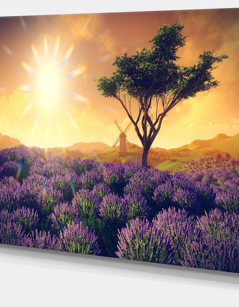 DesignQ Lavender Field With Solitary Tree - Extra Large Landscape Canvas Art