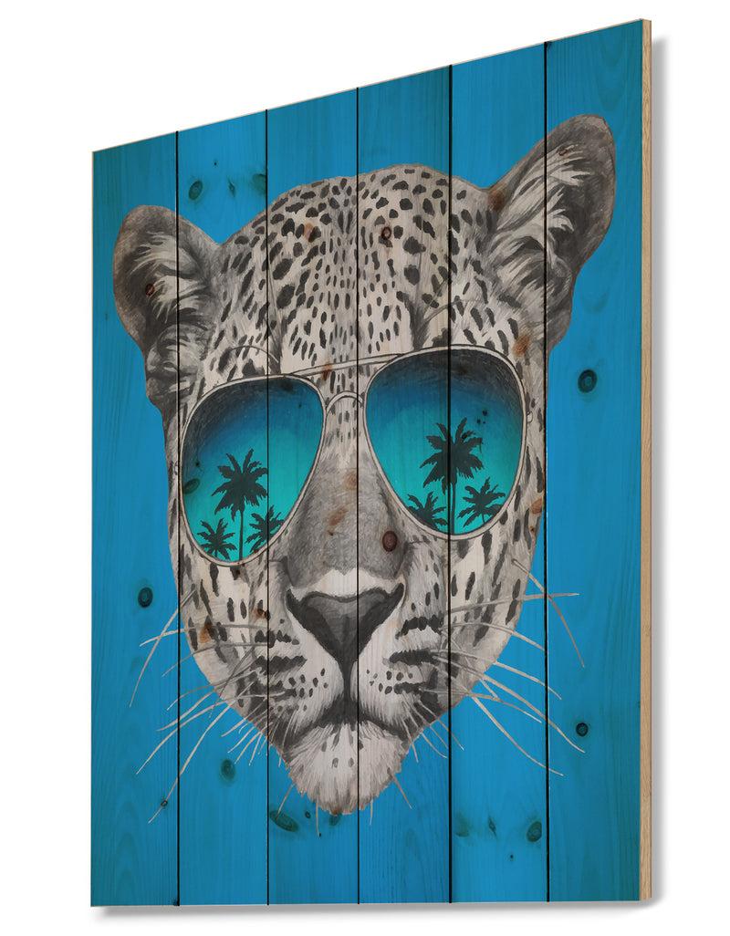 DesignQ Leopard With Mirror Sunglasses - Animal Print On Natural Pine Wood