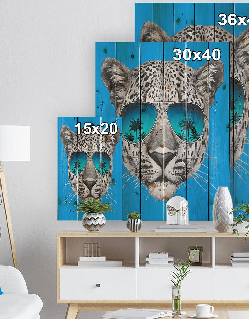 DesignQ Leopard With Mirror Sunglasses - Animal Print On Natural Pine Wood