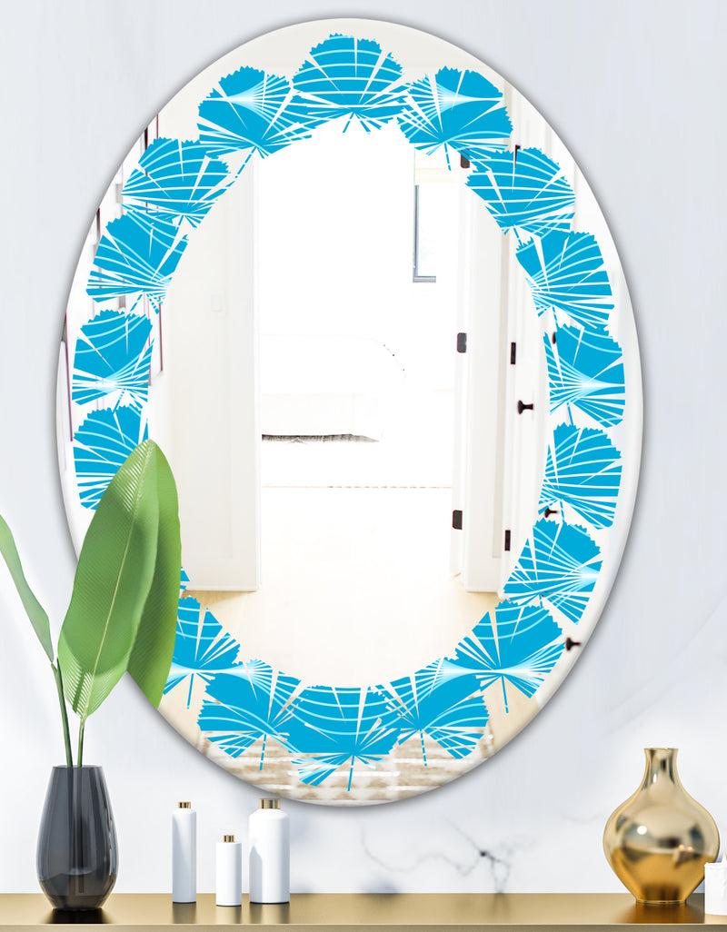 DesignQ Light Blue Wave Pattern - Modern Round Or Oval Wall Mirror - Leaves