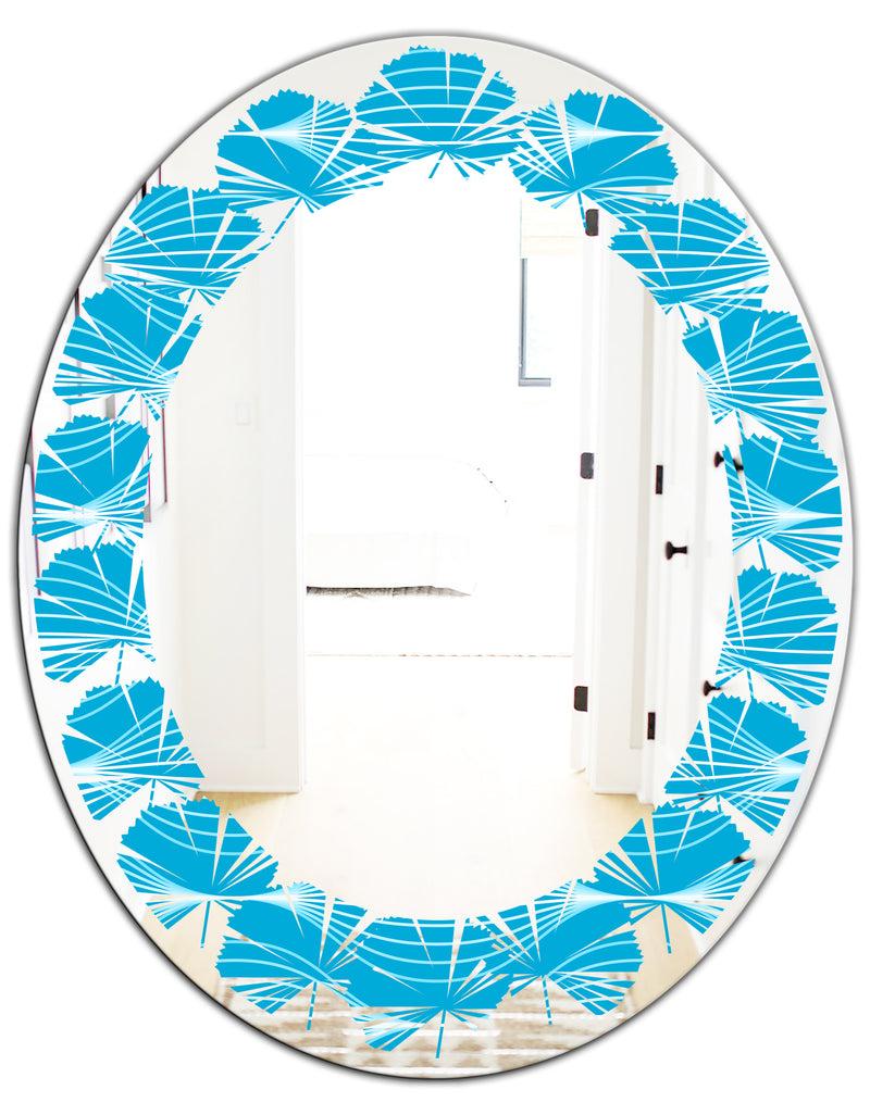 DesignQ Light Blue Wave Pattern - Modern Round Or Oval Wall Mirror - Leaves