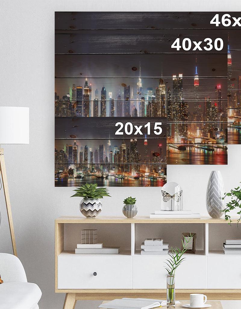 DesignQ Lit NYC Manhattan Skyline - Cityscape Photo Print On Natural Pine Wood