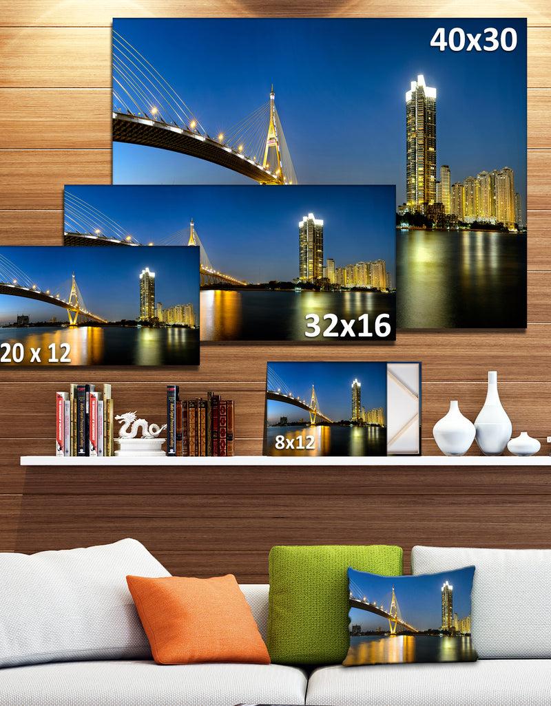 DesignQ Lit-up Bhumibol Bridge At Dusk - Cityscape Artwork Canvas