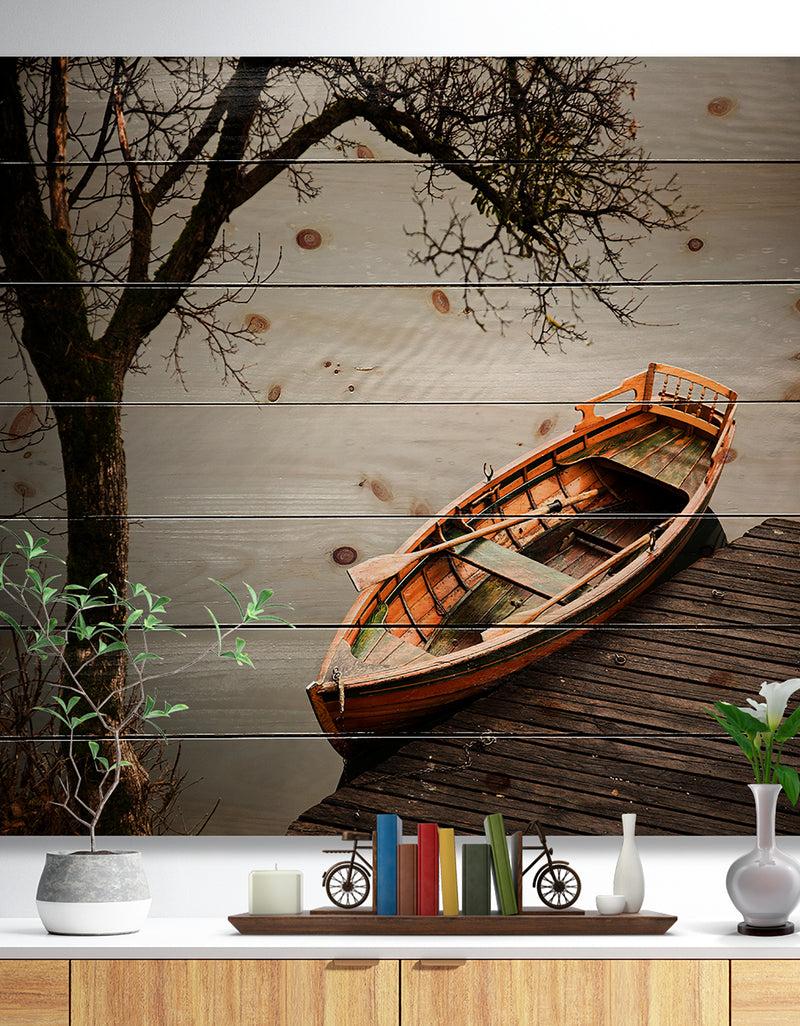 DesignQ Little Rowing Boat Ferry - Boat Print on Natural Pine Wood