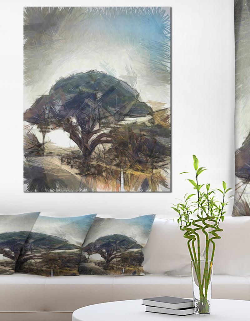 DesignQ Lonely Oak Tree Watercolor Sketch - Large Landscape Canvas Art