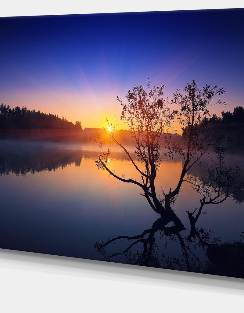 DesignQ Lonely Tree In Pond In Blue - Extra Large Wall Art Landscape