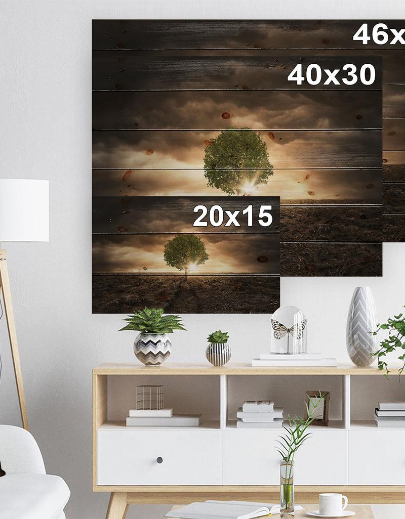 DesignQ Lonely Tree Under Dramatic Sky - Wall Art Landscape Print On Natural Pine Wood