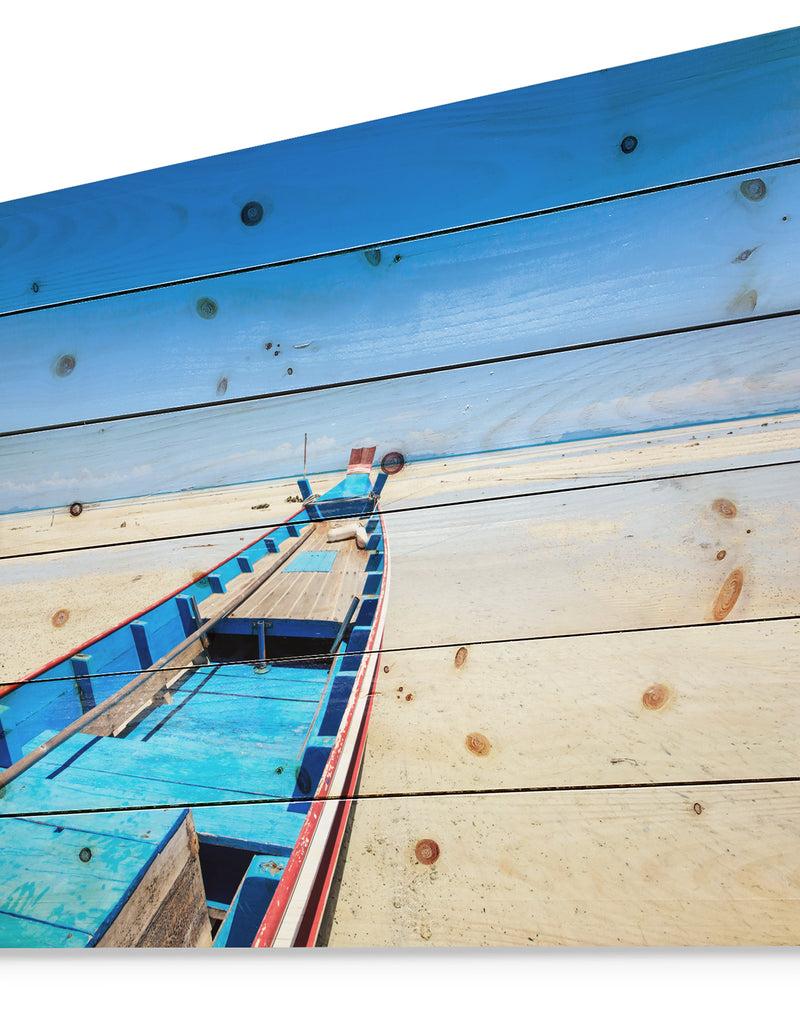 DesignQ Long Tail Boat Stand At The Beach - Seashore Print On Natural Pine Wood