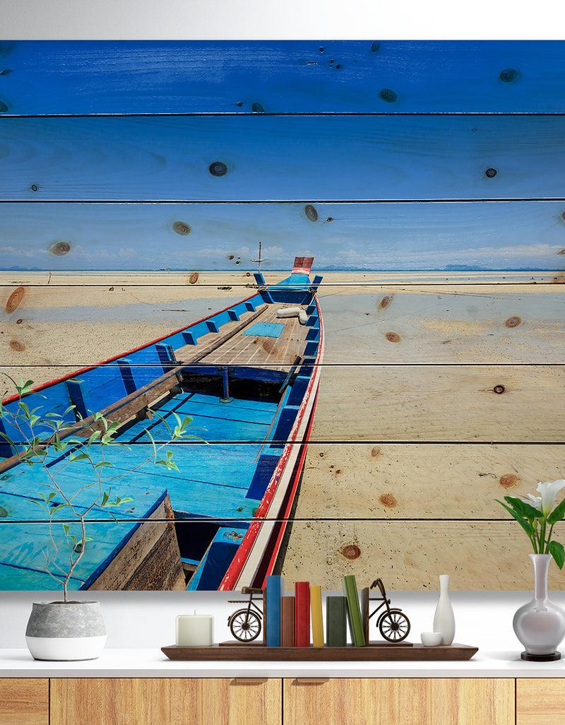 DesignQ Long Tail Boat Stand at the Beach - Seashore Print on Natural Pine Wood