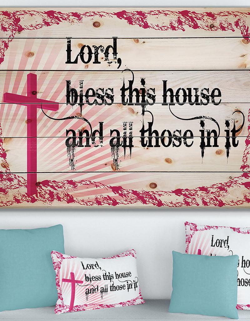 DesignQ Lord Bless this house and all those in it. Pink Cross - Textual Entrance Art on Wood Wall Art