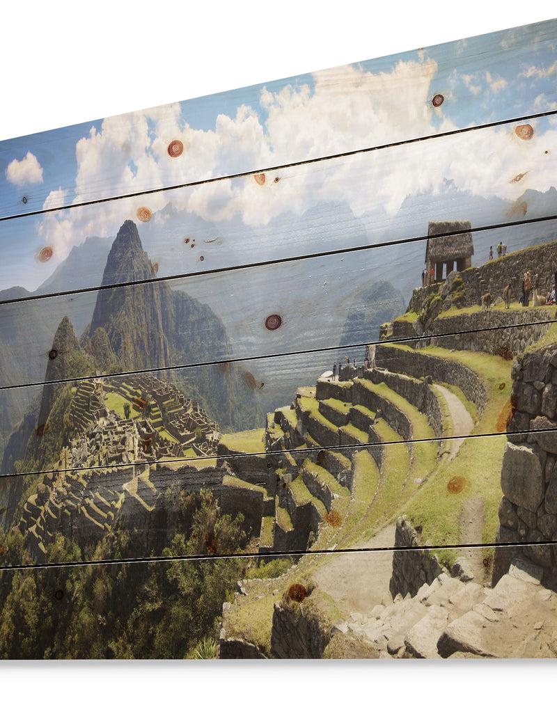 DesignQ Machu Picchu Panorama - Landscape Photo Print On Natural Pine Wood