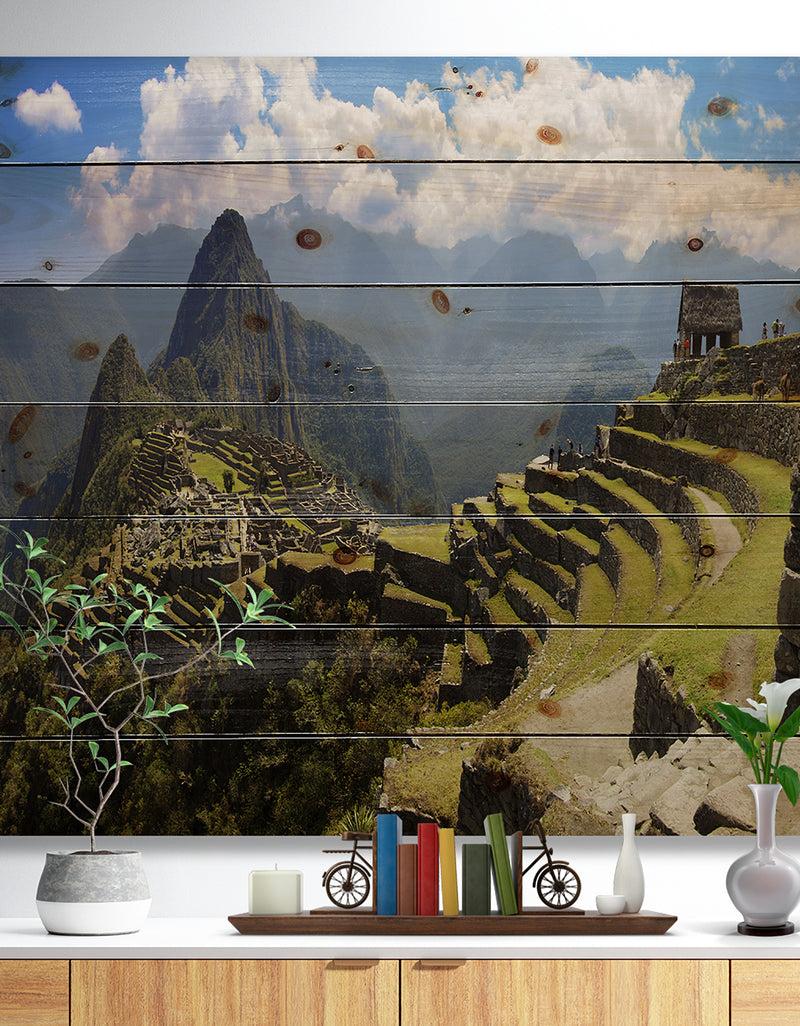 DesignQ Machu Picchu Panorama - Landscape Photo Print on Natural Pine Wood
