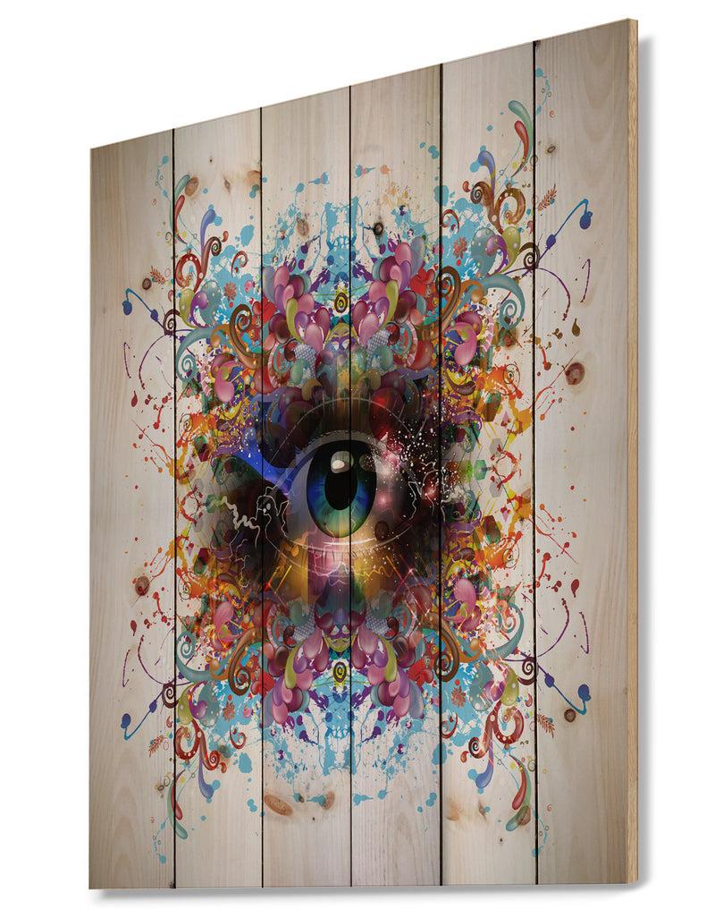 DesignQ Magic Eye With Flowers - Animal Print On Natural Pine Wood