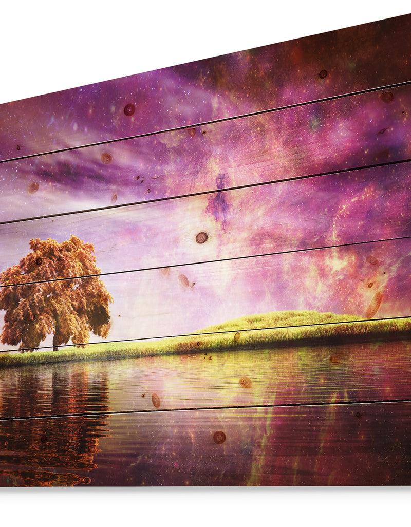 DesignQ Magic Night With Colorful Clouds - Landscape Print On Natural Pine Wood