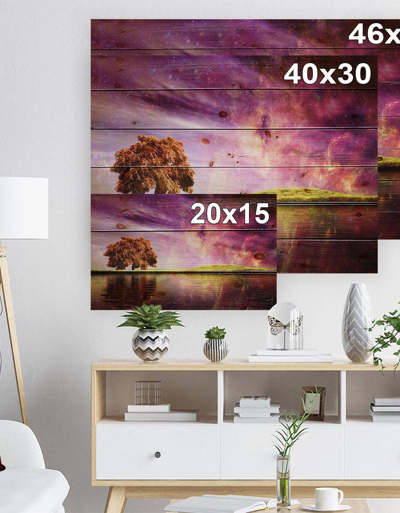 DesignQ Magic Night With Colorful Clouds - Landscape Print On Natural Pine Wood