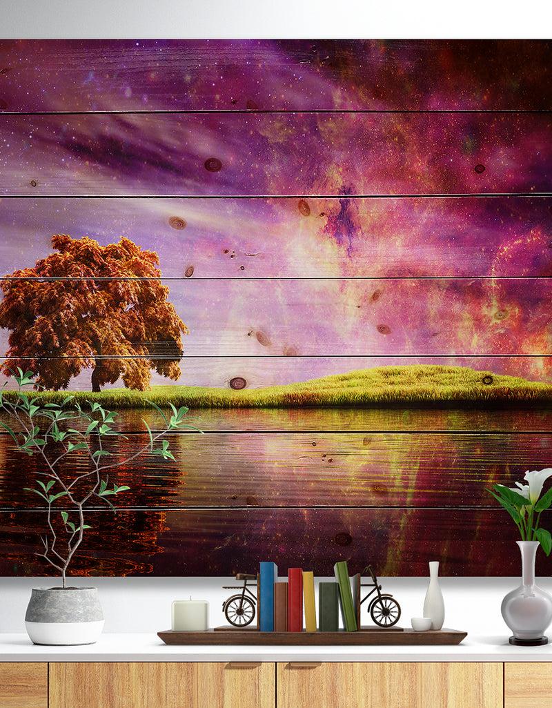 DesignQ Magic Night with Colorful Clouds - Landscape Print on Natural Pine Wood