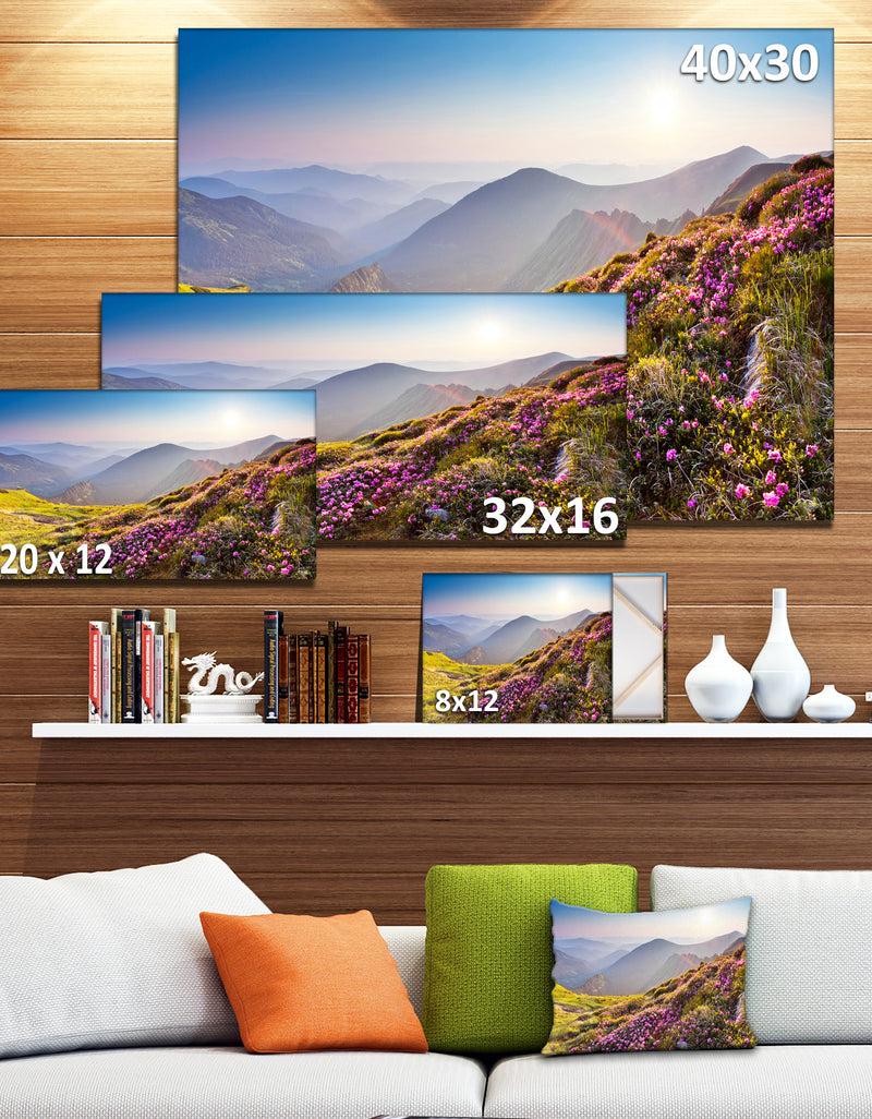 DesignQ Magic Pink Flowers On Mountains - Landscape Photo Canvas Print
