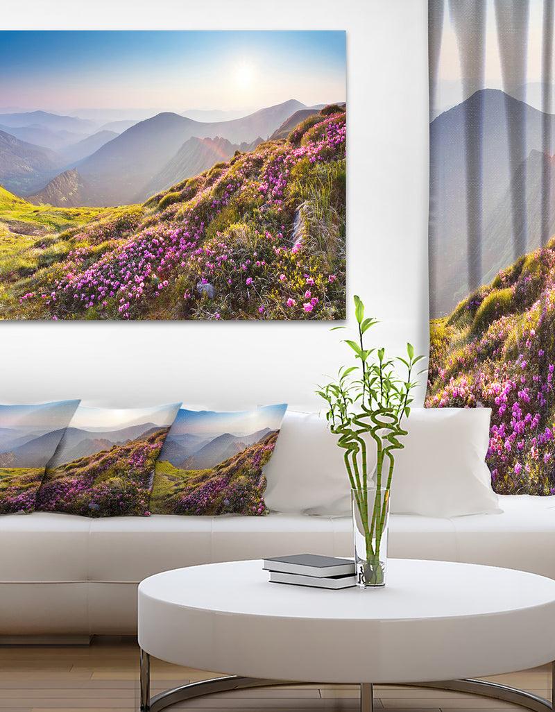 DesignQ Magic Pink Flowers on Mountains - Landscape Photo Canvas Print