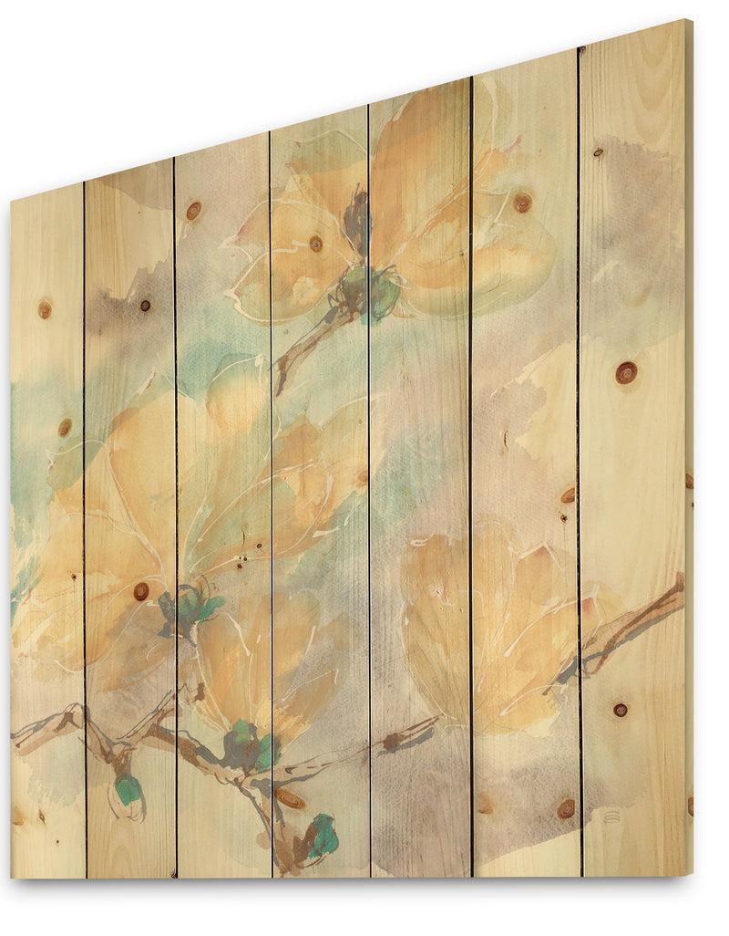 DesignQ Magnolias In White II - Cabin & Lodge Print On Natural Pine Wood
