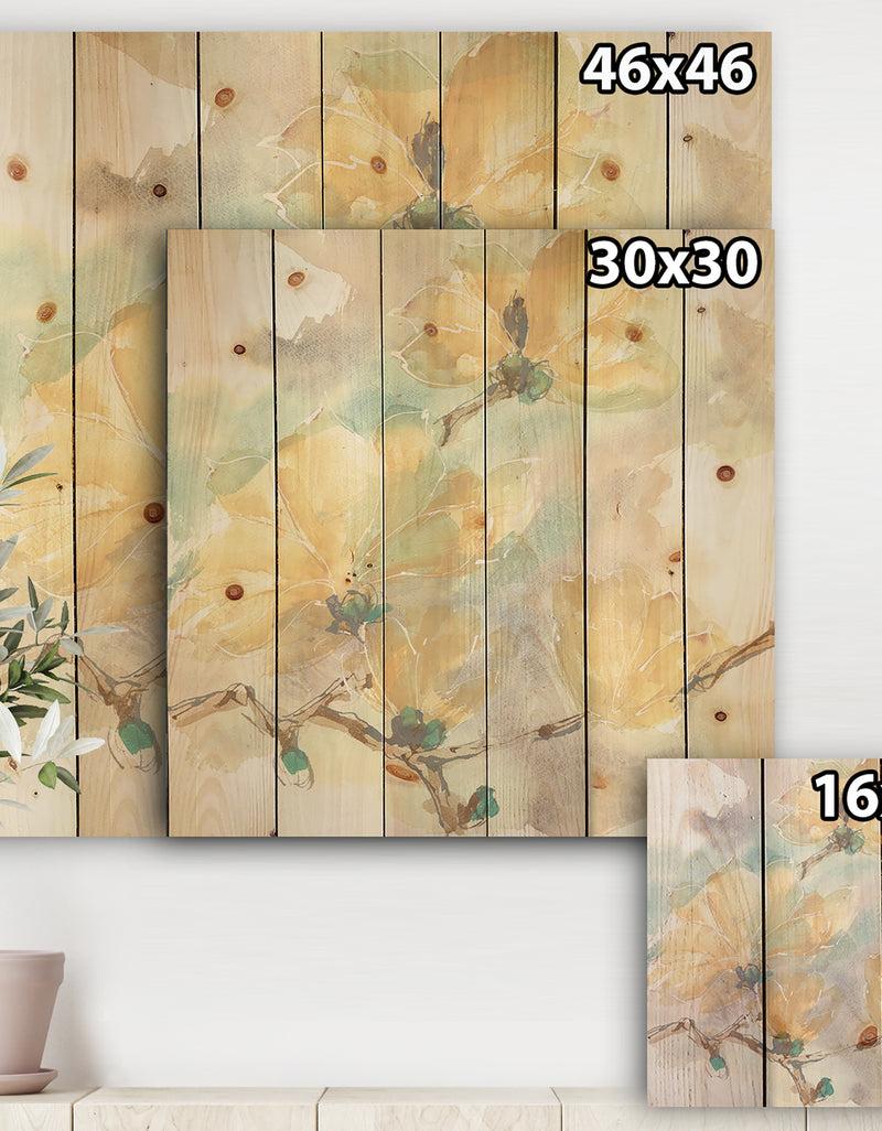 DesignQ Magnolias In White II - Cabin & Lodge Print On Natural Pine Wood